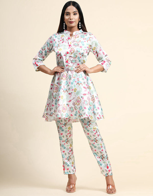 Designer Party Wear Readymade Salwar Suit White Muslin Sharara Straight Front View