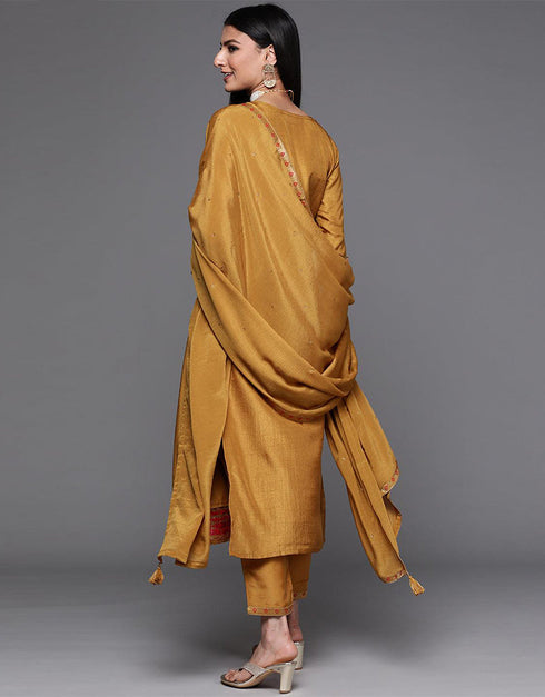 Designer Party Wear Readymade Salwar Suit Mustard Viscose Pant Straight Close-up View