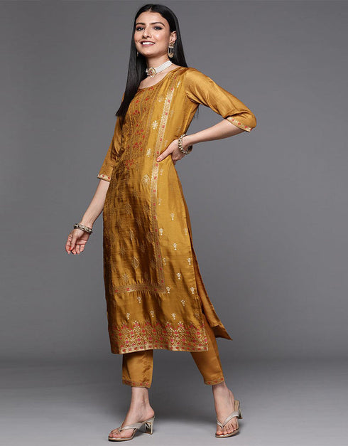 Designer Party Wear Readymade Salwar Suit Mustard Viscose Pant Straight Back View