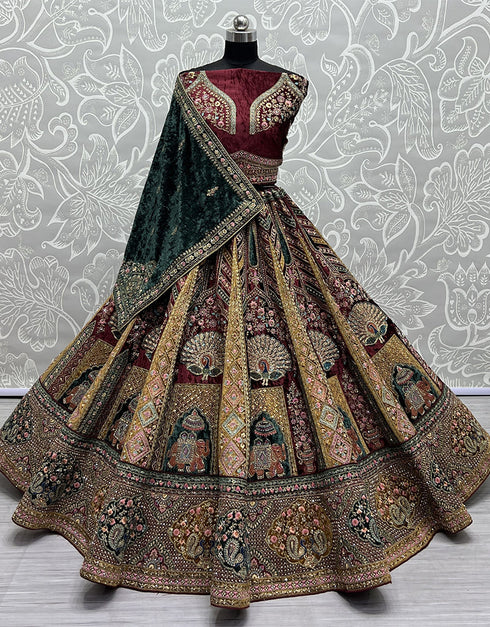 Heavy Designer Wedding Wear Velvet Lehenga Choli Maroon Velvet Lehenga Choli Close-up View