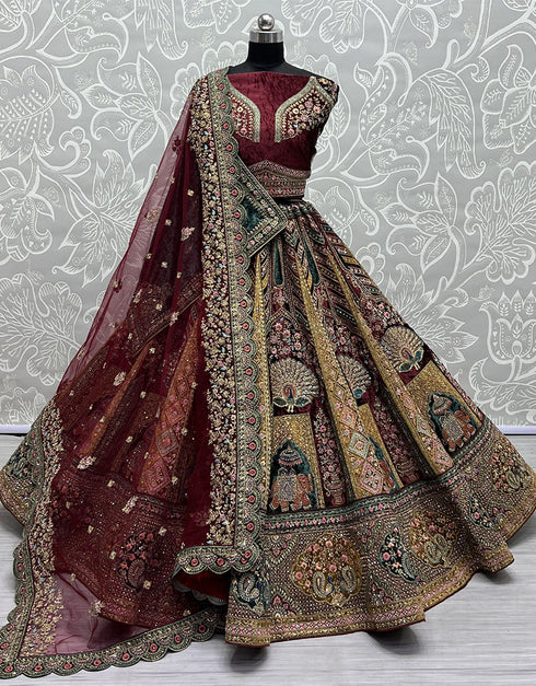 Heavy Designer Wedding Wear Velvet Lehenga Choli Maroon Velvet Lehenga Choli Front View