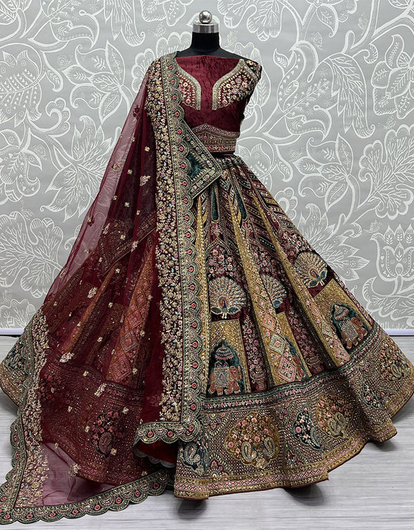 Heavy Designer Wedding Wear Velvet Lehenga Choli Maroon Velvet Lehenga Choli Front View