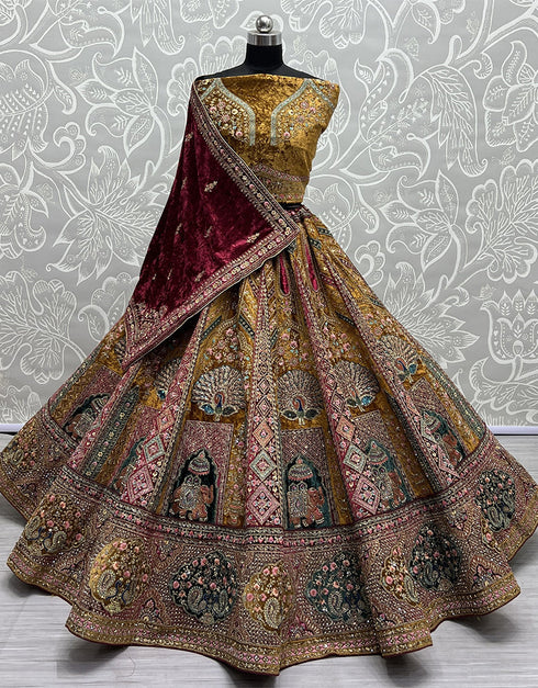 Heavy Designer Wedding Wear Velvet Lehenga Choli Mustard Velvet Lehenga Choli Close-up View