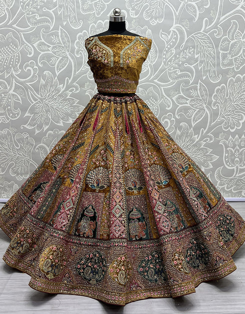 Heavy Designer Wedding Wear Velvet Lehenga Choli Mustard Velvet Lehenga Choli Back View
