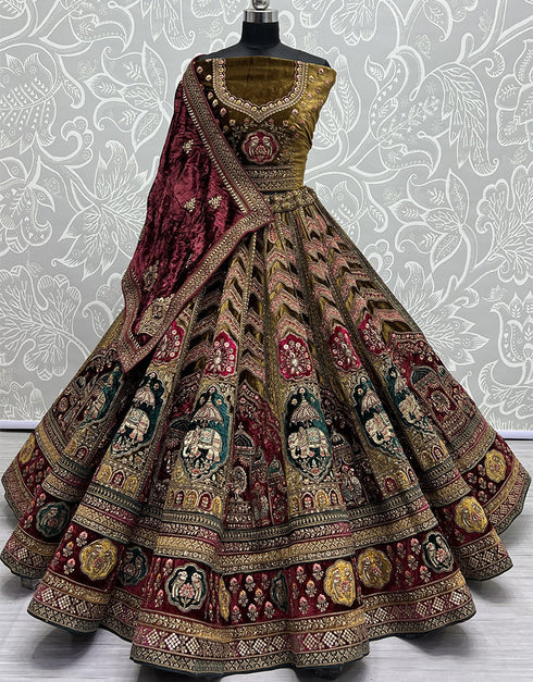 Heavy Designer Wedding Wear Velvet Lehenga Choli Mahendi Velvet Lehenga Choli Close-up View