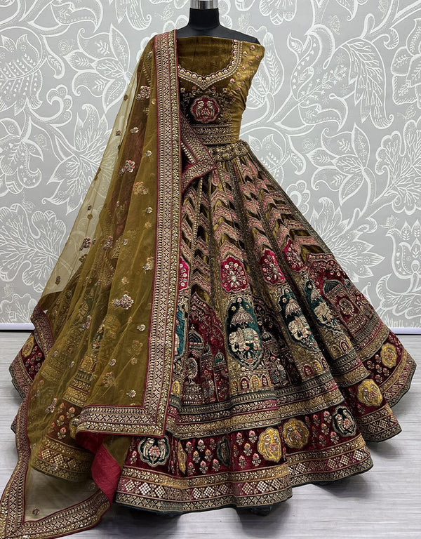 Heavy Designer Wedding Wear Velvet Lehenga Choli Mahendi Velvet Lehenga Choli Front View