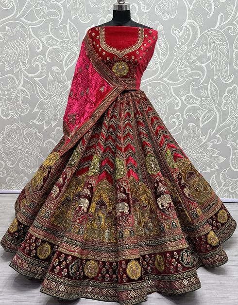 Heavy Designer Wedding Wear Velvet Lehenga Choli Red Velvet Lehenga Choli Close-up View