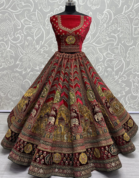 Heavy Designer Wedding Wear Velvet Lehenga Choli Red Velvet Lehenga Choli Back View