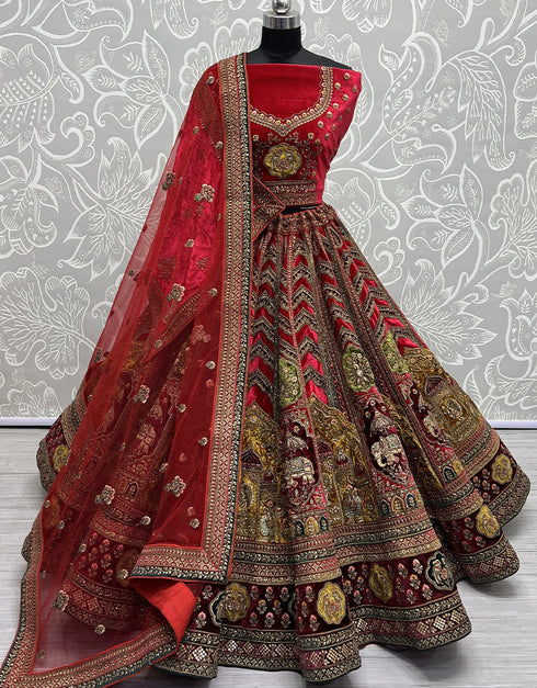 Heavy Designer Wedding Wear Velvet Lehenga Choli Red Velvet Lehenga Choli Front View