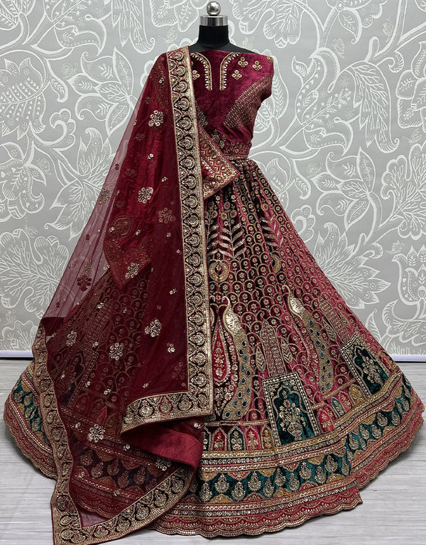 Heavy Designer Wedding Wear Velvet Lehenga Choli Maroon Velvet Lehenga Choli Front View