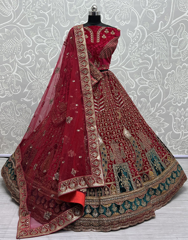 Heavy Designer Wedding Wear Velvet Lehenga Choli Pink Velvet Lehenga Choli Front View