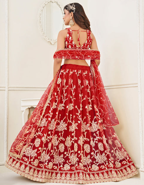 Trendy Designer Party Wear Lehenga Choli Red Butterfly Net Lehenga Choli Close-up View