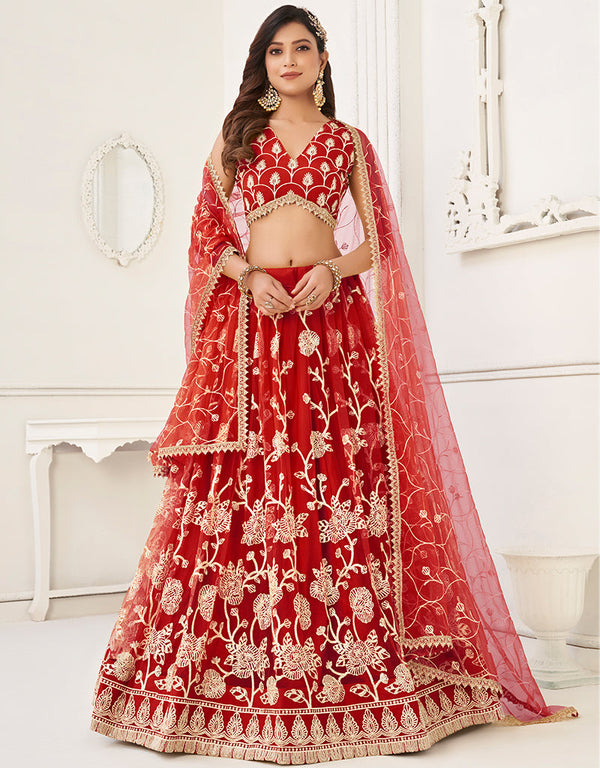 Trendy Designer Party Wear Lehenga Choli Red Butterfly Net Lehenga Choli Front View
