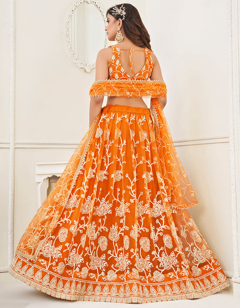 Trendy Designer Party Wear Lehenga Choli Orange Butterfly Net Lehenga Choli Close-up View