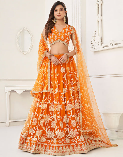 Trendy Designer Party Wear Lehenga Choli Orange Butterfly Net Lehenga Choli Front View