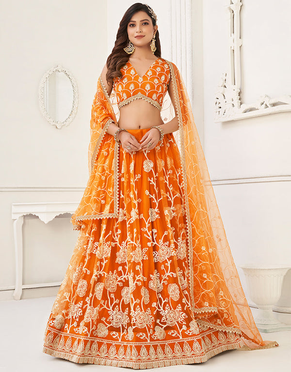 Trendy Designer Party Wear Lehenga Choli Orange Butterfly Net Lehenga Choli Front View