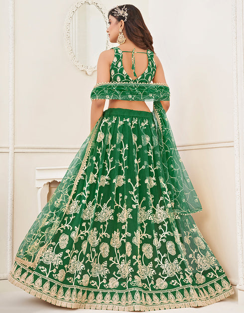 Trendy Designer Party Wear Lehenga Choli Green Butterfly Net Lehenga Choli Close-up View