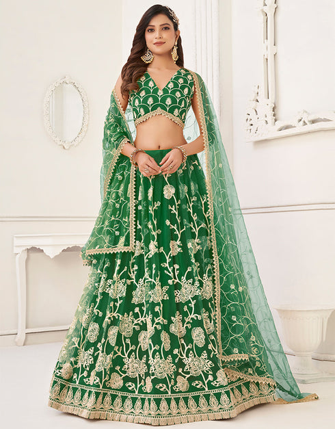 Trendy Designer Party Wear Lehenga Choli Green Butterfly Net Lehenga Choli Front View