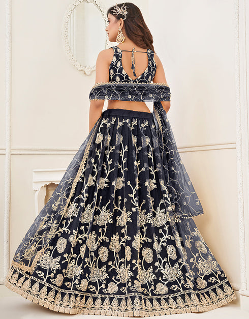 Trendy Designer Party Wear Lehenga Choli Black Butterfly Net Lehenga Choli Close-up View