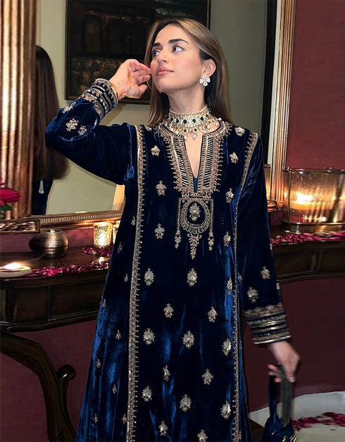 Heavy Designer Wedding Wear Velvet Salwar Suit Blue Velvet Pant Straight Close-up View