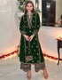 Heavy Designer Wedding Wear Velvet Salwar Suit Green Velvet Pant Straight Front View