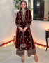 Heavy Designer Wedding Wear Velvet Salwar Suit Maroon Velvet Pant Straight Front View