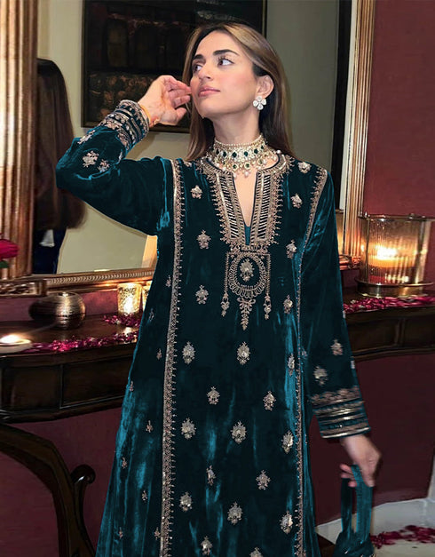 Heavy Designer Wedding Wear Velvet Salwar Suit Rama Velvet Pant Straight Close-up View