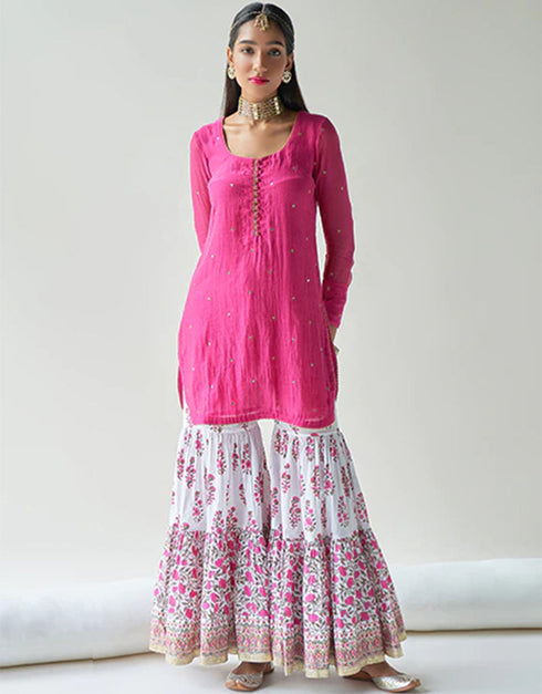 Trendy Designer Party Wear Readymade Salwar Suit Collection Pink Rayon Sharara Suit Side View