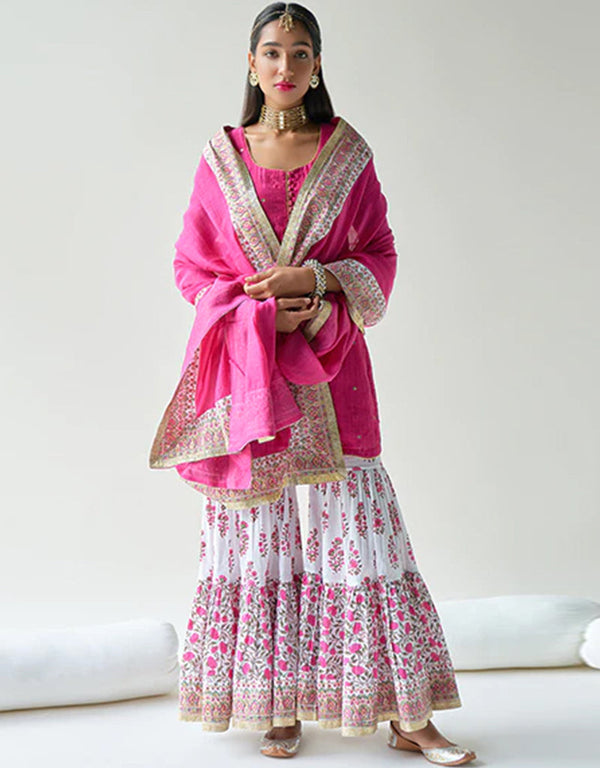 Trendy Designer Party Wear Readymade Salwar Suit Collection Pink Rayon Sharara Suit Front View