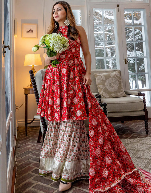 Trendy Designer Party Wear Readymade Salwar Suit Collection Red Rayon Sharara Suit Back View