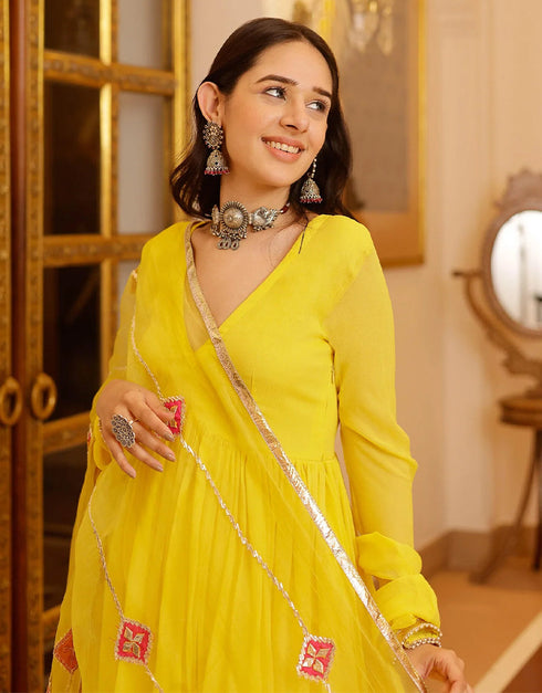 Trendy Designer Party Wear Readymade Salwar Suit Collection Yellow Georgette Sharara Suit Close-up View
