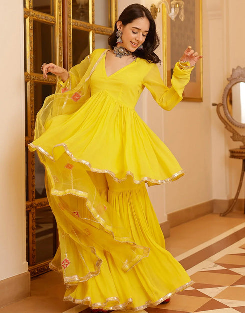 Trendy Designer Party Wear Readymade Salwar Suit Collection Yellow Georgette Sharara Suit Back View