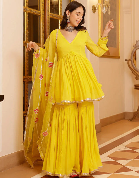 Trendy Designer Party Wear Readymade Salwar Suit Collection Yellow Georgette Sharara Suit Side View