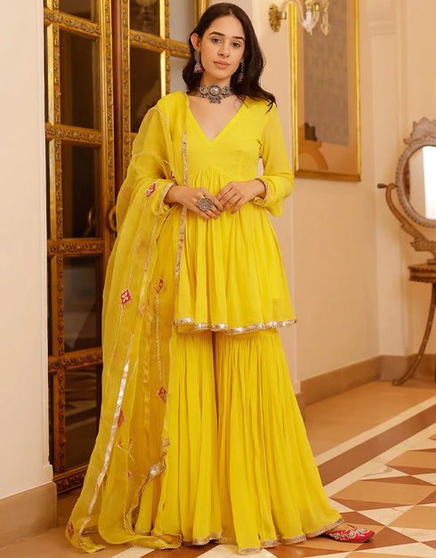 Trendy Designer Party Wear Readymade Salwar Suit Collection Yellow Georgette Sharara Suit Front View