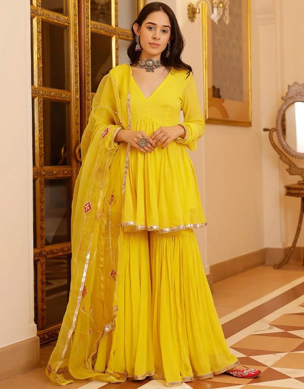 Trendy Designer Party Wear Readymade Salwar Suit Collection Yellow Georgette Sharara Suit Front View