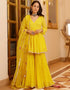 Trendy Designer Party Wear Readymade Salwar Suit Collection Yellow Georgette Sharara Suit Front View