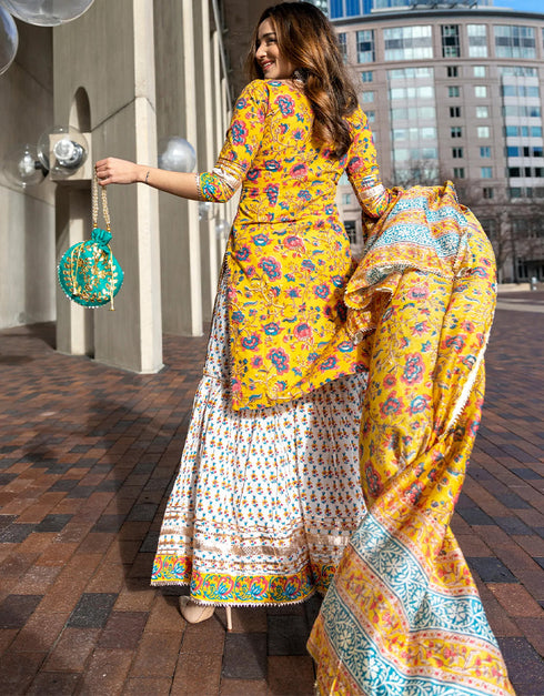 Trendy Designer Party Wear Readymade Salwar Suit Collection Mustard Rayon Sharara Suit Close-up View