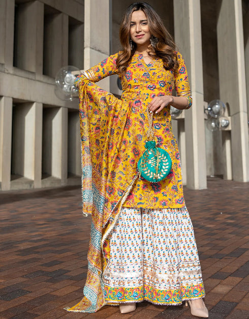 Trendy Designer Party Wear Readymade Salwar Suit Collection Mustard Rayon Sharara Suit Back View