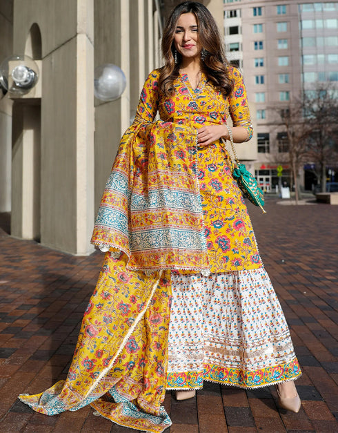 Trendy Designer Party Wear Readymade Salwar Suit Collection Mustard Rayon Sharara Suit Front View