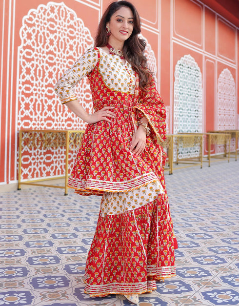 Trendy Designer Party Wear Readymade Salwar Suit Collection Red Rayon Sharara Suit Side View