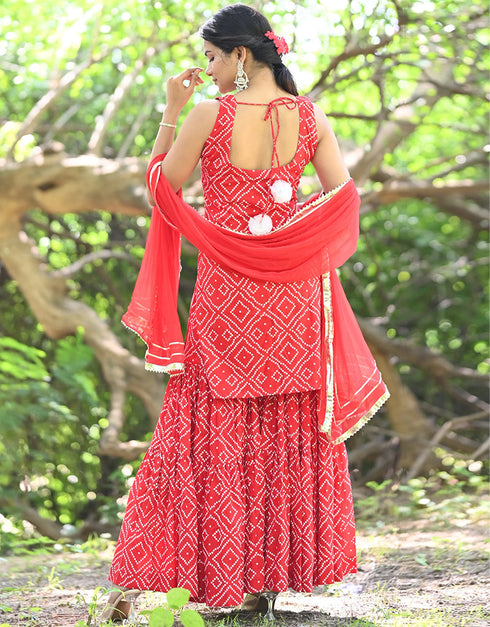 Trendy Designer Party Wear Readymade Salwar Suit Collection Red Rayon Sharara Suit Close-up View