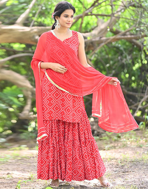 Trendy Designer Party Wear Readymade Salwar Suit Collection Red Rayon Sharara Suit Side View