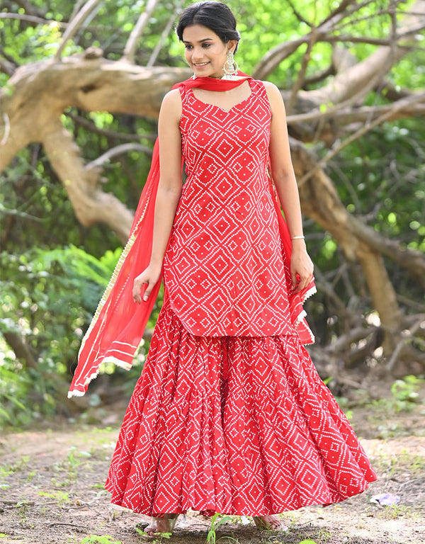 Trendy Designer Party Wear Readymade Salwar Suit Collection Red Rayon Sharara Suit Front View