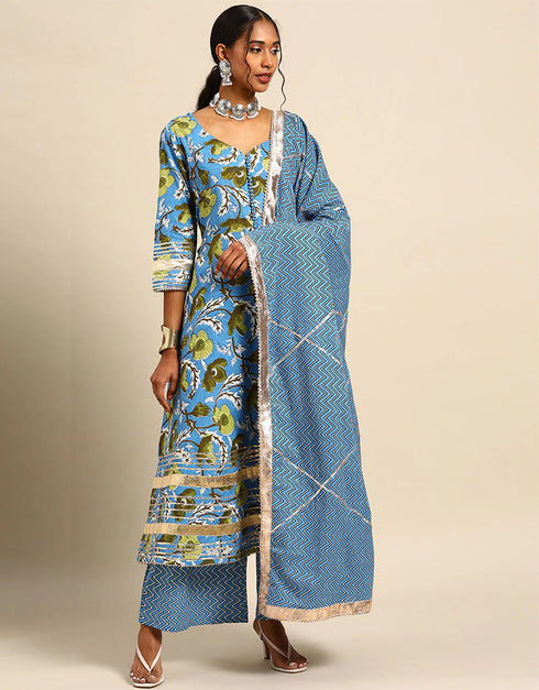 Trendy Designer Party Wear Readymade Salwar Suit Collection Sky Blue Rayon Palazzo Straight Front View