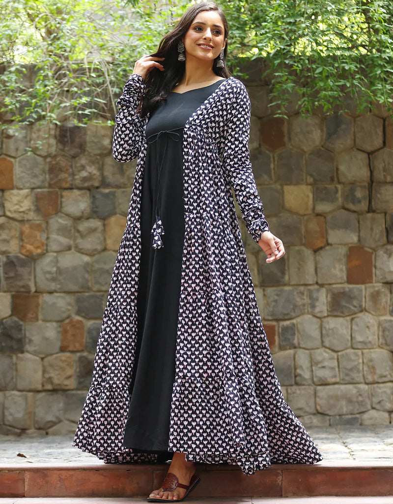 Russian Silk Designer Party Wear & Readymade Gown With Dupatta Gown With Digital Printed, Embroidery Work And Mustard Dupatta