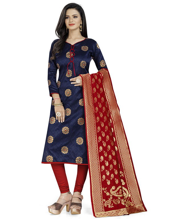 Designer Party Wear Salwar Suit Blue Banarasi Silk Pant Straight Front View