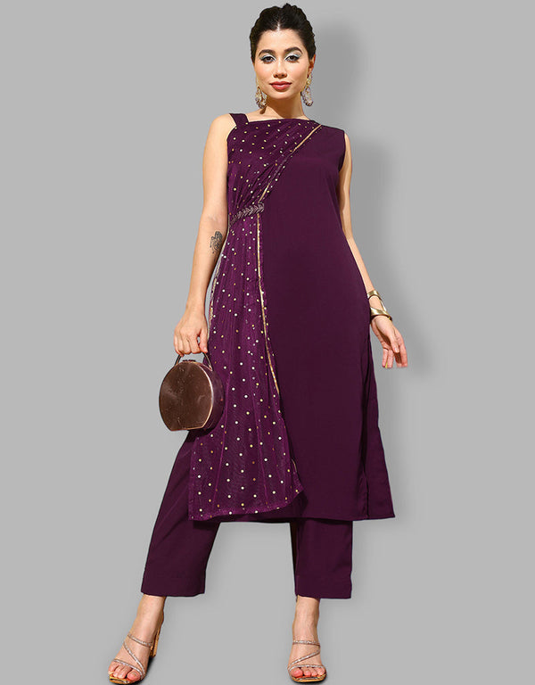 Trendy Function Readymade Suit Collection Burgundy Crepe Pant Straight Front View