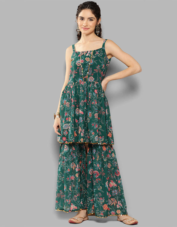 Trendy Function Readymade Suit Collection Green Georgette Sharara Suit Front View