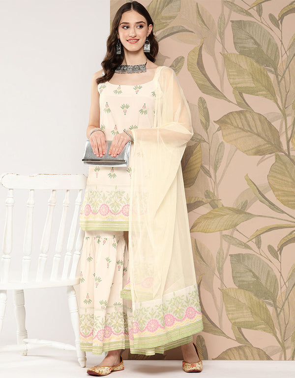 Trendy Function Readymade Suit Collection Yellow Crepe Sharara Suit Front View