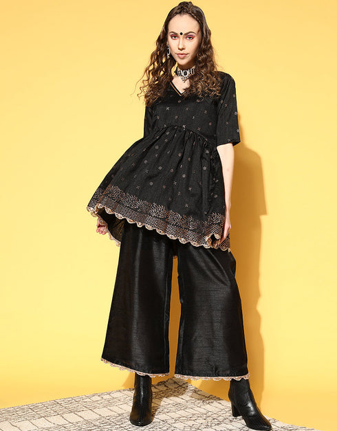 Trendy Function Readymade Suit Collection Black Poly Silk Palazzo Suit Front View